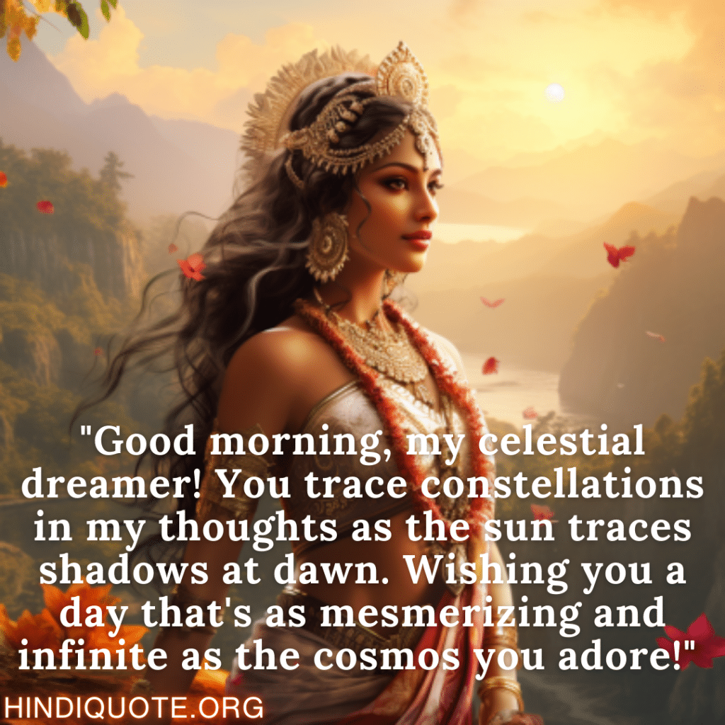 Good Morning Wish English "Good morning, my celestial dreamer! You trace constellations in my thoughts as the sun traces shadows at dawn. Wishing you a day that's as mesmerizing and infinite as the cosmos you adore!" 