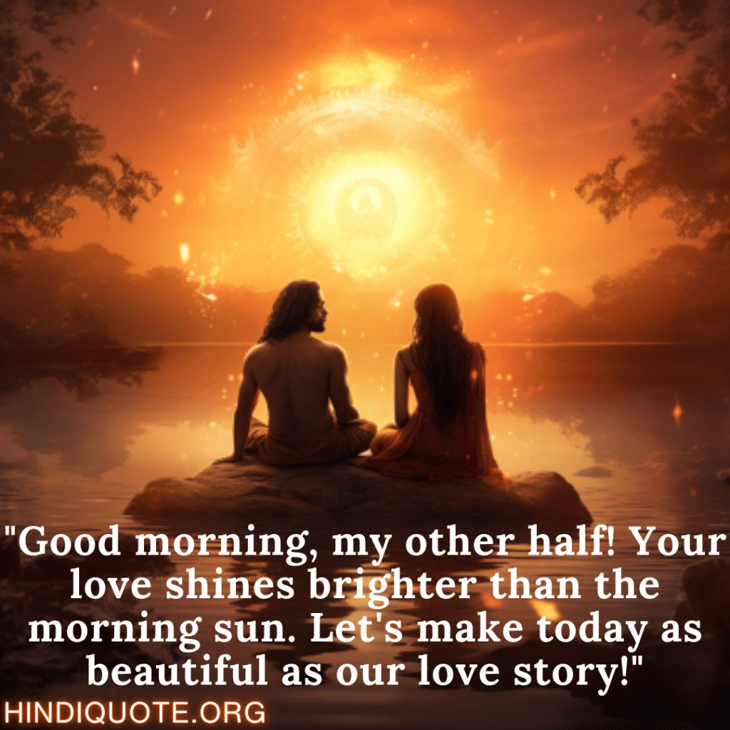 Good Morning Quotes "Good morning, my other half! Your love shines brighter than the morning sun. Let's make today as beautiful as our love story!" 