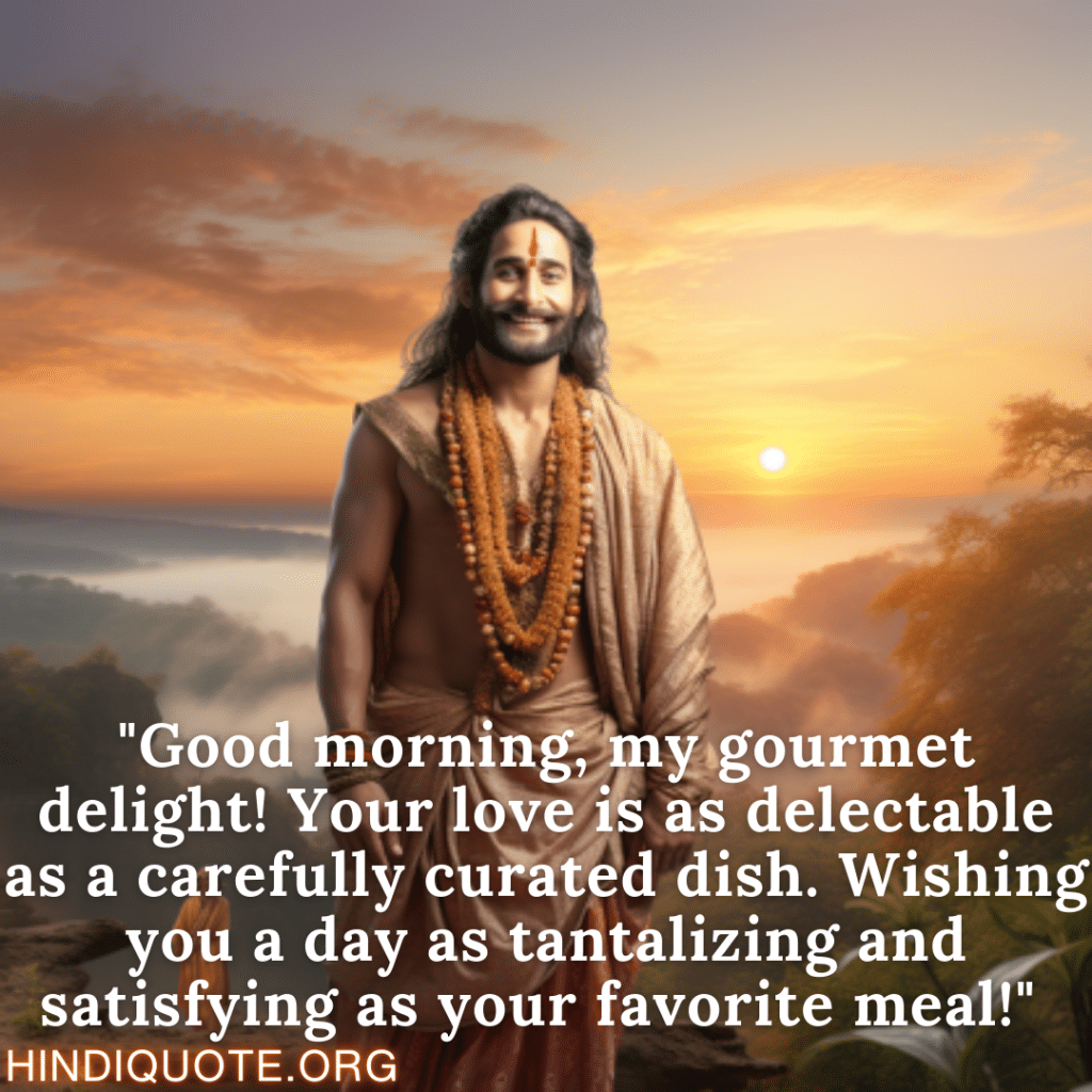 Positive Good Morning Quotes "Good morning, my gourmet delight! Your love is as delectable as a carefully curated dish. Wishing you a day as tantalizing and satisfying as your favorite meal!" 