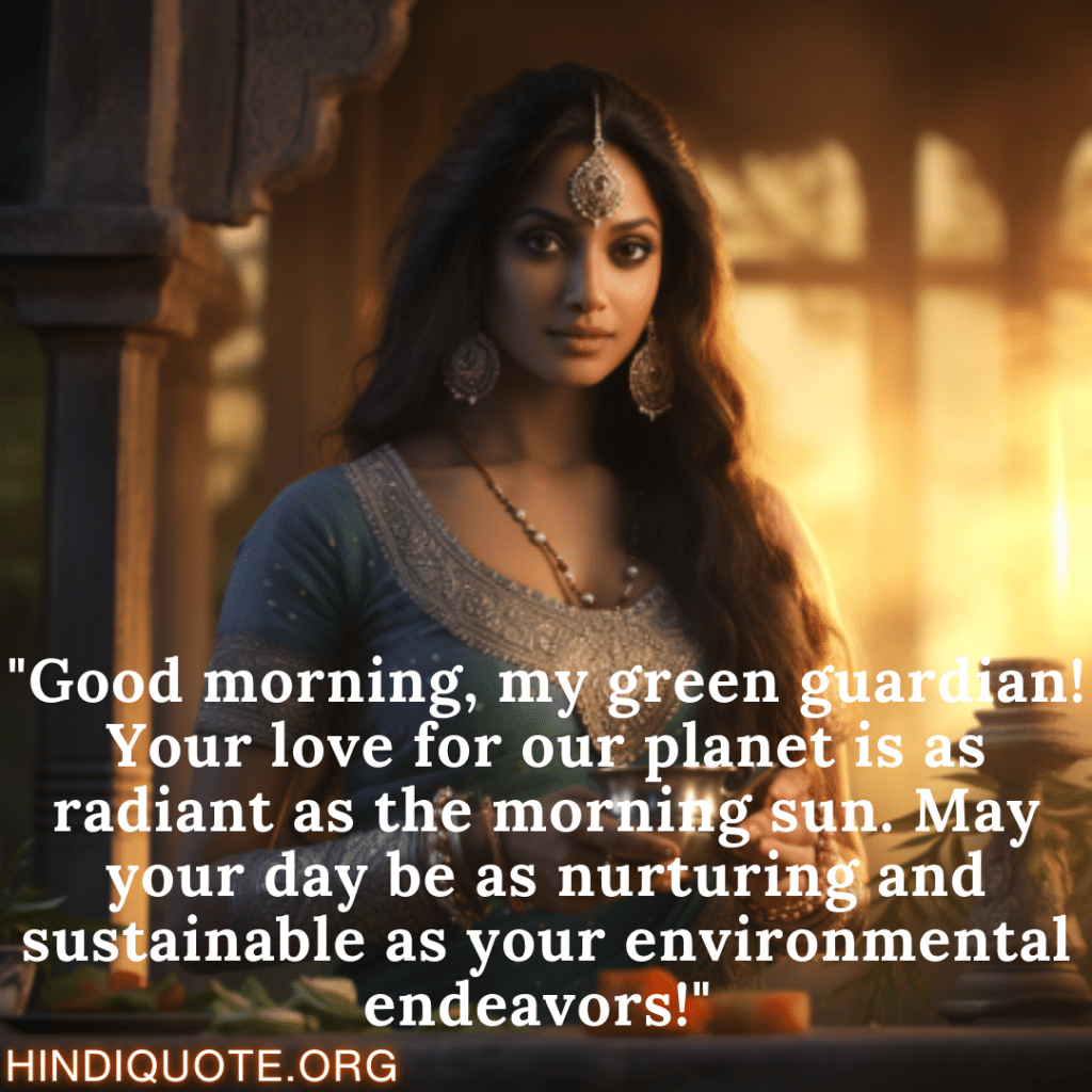 Good Morning Wish English "Good morning, my green guardian! Your love for our planet is as radiant as the morning sun. May your day be as nurturing and sustainable as your environmental endeavors!" 