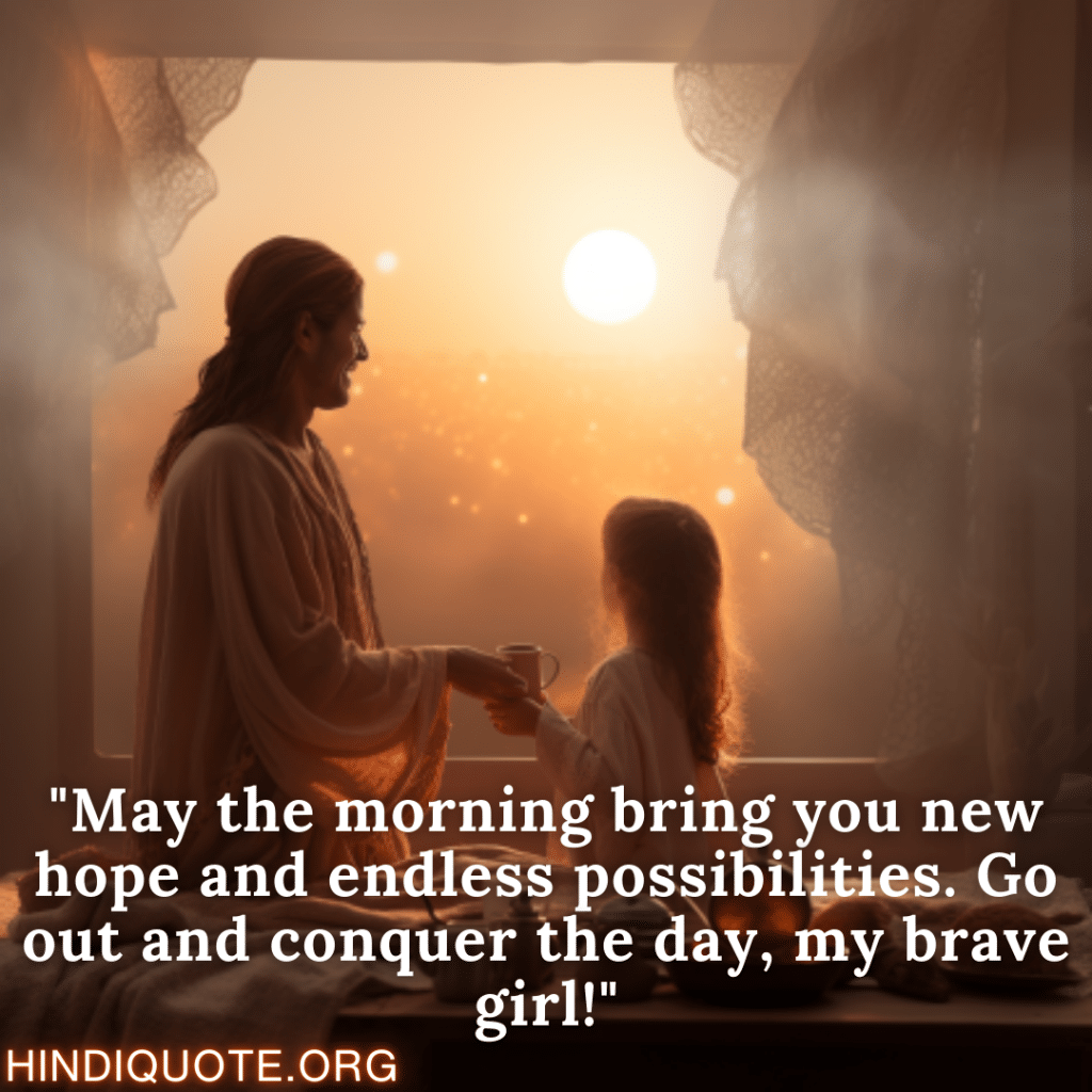 Good Morning Wish English "May the morning bring you new hope and endless possibilities. Go out and conquer the day, my brave girl!"