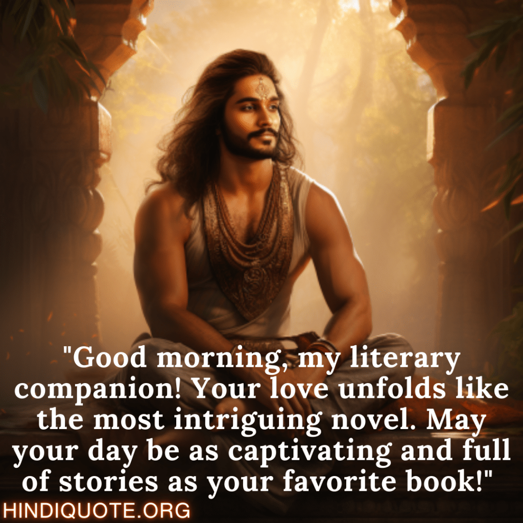 Positive Good Morning Quotes "Good morning, my literary companion! Your love unfolds like the most intriguing novel. May your day be as captivating and full of stories as your favorite book!" 