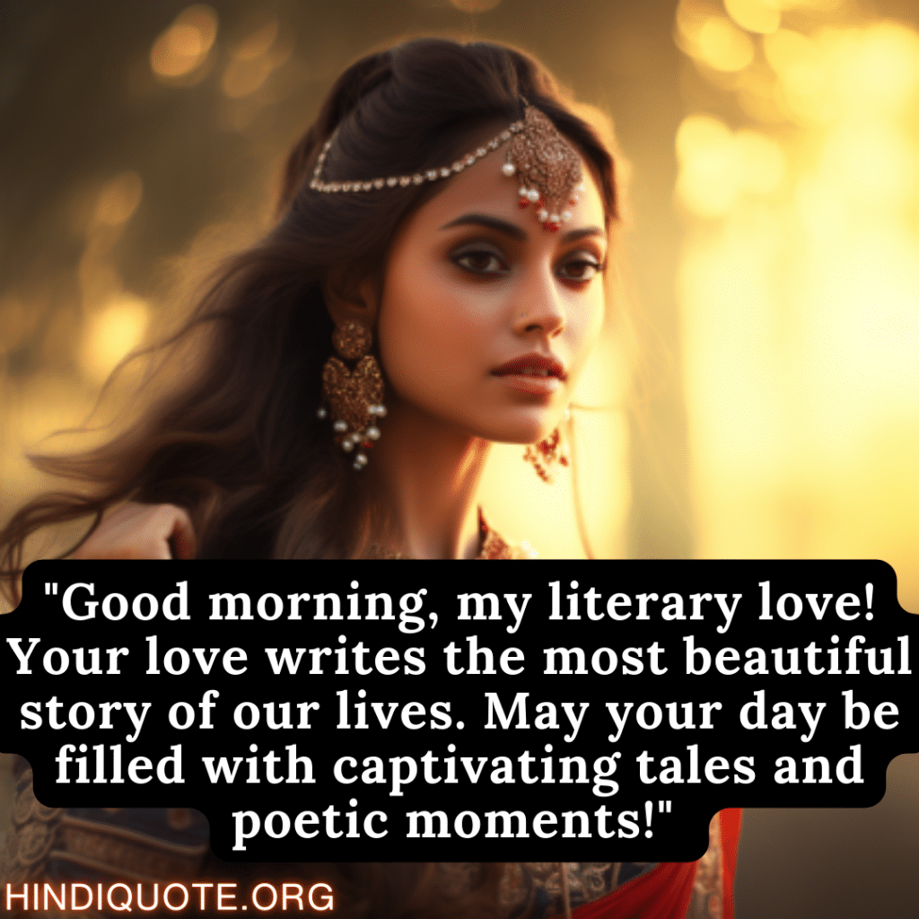 "Good morning, my literary love! Your love writes the most beautiful story of our lives. May your day be filled with captivating tales and poetic moments!" 