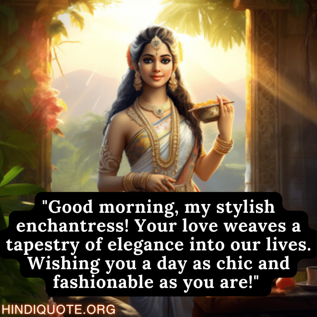 "Good morning, my stylish enchantress! Your love weaves a tapestry of elegance into our lives. Wishing you a day as chic and fashionable as you are!" 
