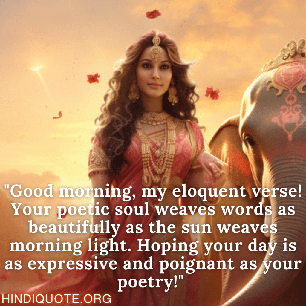 "Good morning, my eloquent verse! Your poetic soul weaves words as beautifully as the sun weaves morning light. Hoping your day is as expressive and poignant as your poetry!" 