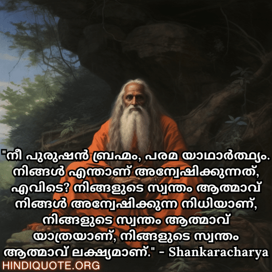 Motivational Quotes In Malayalam By Shankaracharya "നീ പുരുഷൻ ബ്രഹ്മം, പരമ യാഥാർത്ഥ്യം. നിങ്ങൾ എന്താണ് അന്വേഷിക്കുന്നത്, എവിടെ? നിങ്ങളുടെ സ്വന്തം ആത്മാവ് നിങ്ങൾ അന്വേഷിക്കുന്ന നിധിയാണ്, നിങ്ങളുടെ സ്വന്തം ആത്മാവ് യാത്രയാണ്, നിങ്ങളുടെ സ്വന്തം ആത്മാവ് ലക്ഷ്യമാണ്." - Shankaracharya