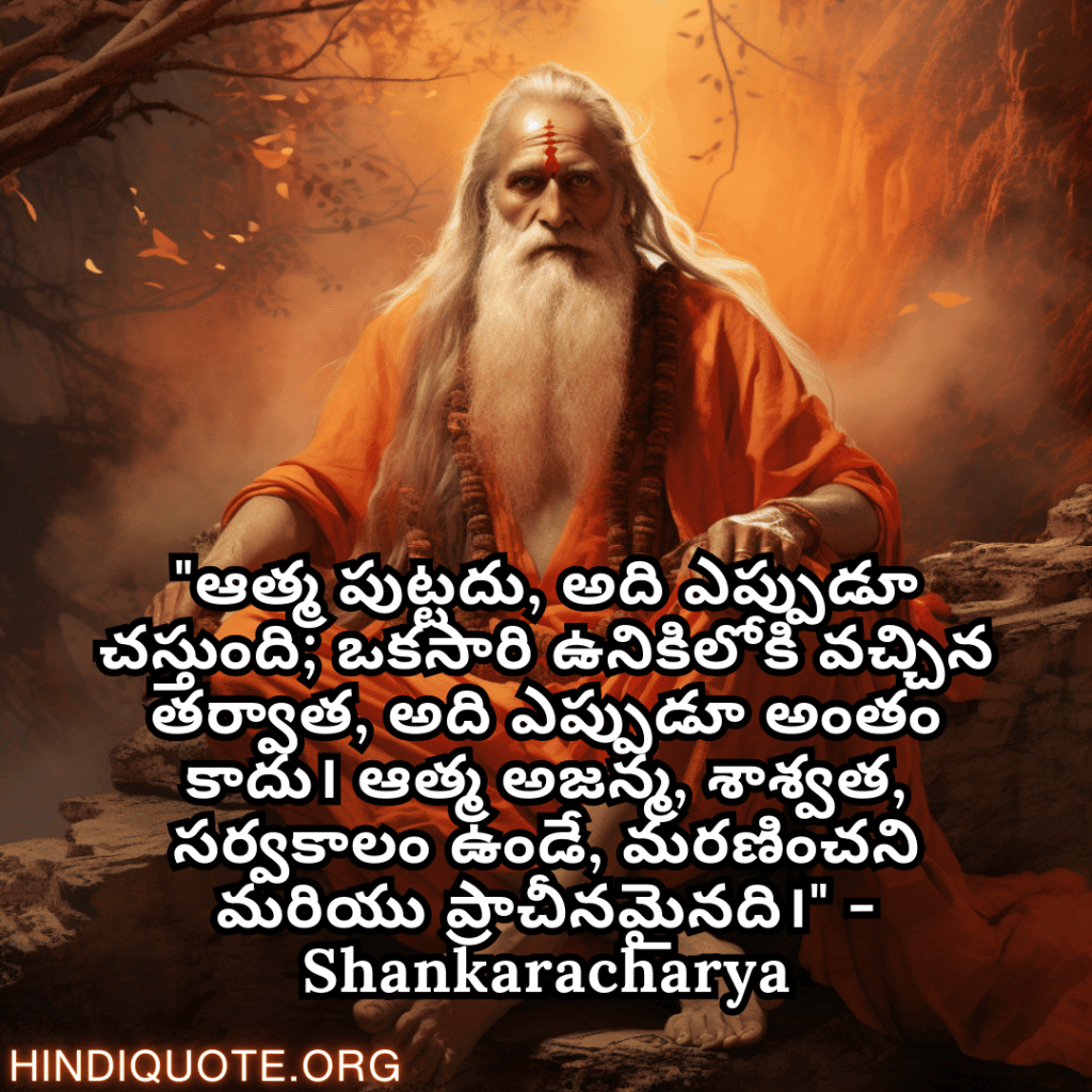 "ఆత్మ పుట్టదు, అది ఎప్పుడూ చస్తుంది; ఒకసారి ఉనికిలోకి వచ్చిన తర్వాత, అది ఎప్పుడూ అంతం కాదు। ఆత్మ అజన్మ, శాశ్వత, సర్వకాలం ఉండే, మరణించని మరియు ప్రాచీనమైనది।" - Shankaracharya