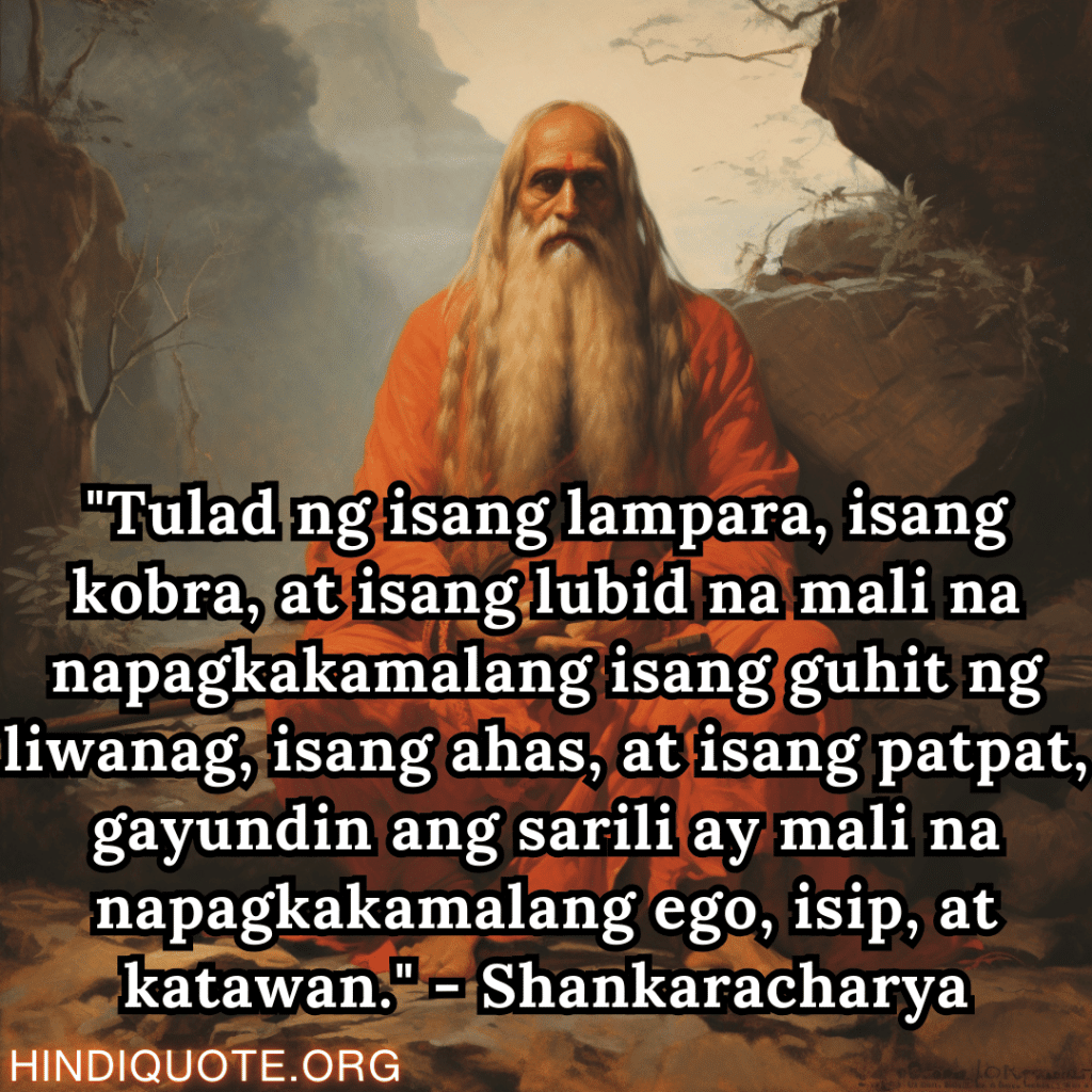"Tulad ng isang lampara, isang kobra, at isang lubid na mali na napagkakamalang isang guhit ng liwanag, isang ahas, at isang patpat, gayundin ang sarili ay mali na napagkakamalang ego, isip, at katawan." - Shankaracharya