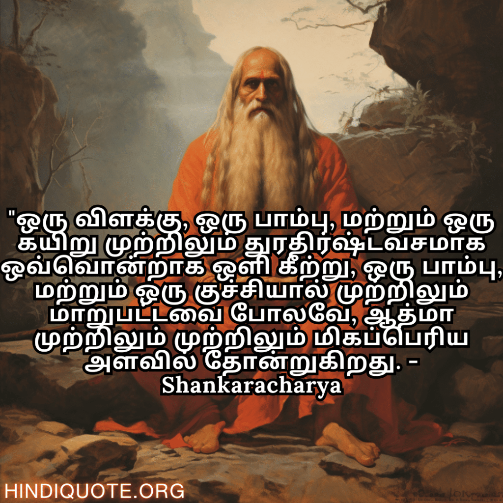 "ஒரு விளக்கு, ஒரு பாம்பு, மற்றும் ஒரு கயிறு முற்றிலும் துரதிர்ஷ்டவசமாக ஒவ்வொன்றாக ஒளி கீற்று, ஒரு பாம்பு, மற்றும் ஒரு குச்சியால் முற்றிலும் மாறுபட்டவை போலவே, ஆத்மா முற்றிலும் முற்றிலும் மிகப்பெரிய அளவில் தோன்றுகிறது. - Shankaracharya