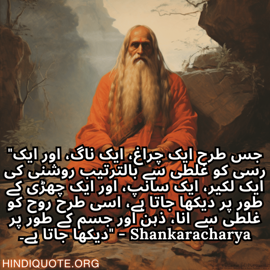 "جس طرح ایک چراغ، ایک ناگ، اور ایک رسی کو غلطی سے بالترتیب روشنی کی ایک لکیر، ایک سانپ، اور ایک چھڑی کے طور پر دیکھا جاتا ہے، اسی طرح روح کو غلطی سے انا، ذہن اور جسم کے طور پر دیکھا جاتا ہے۔" - Shankaracharya
