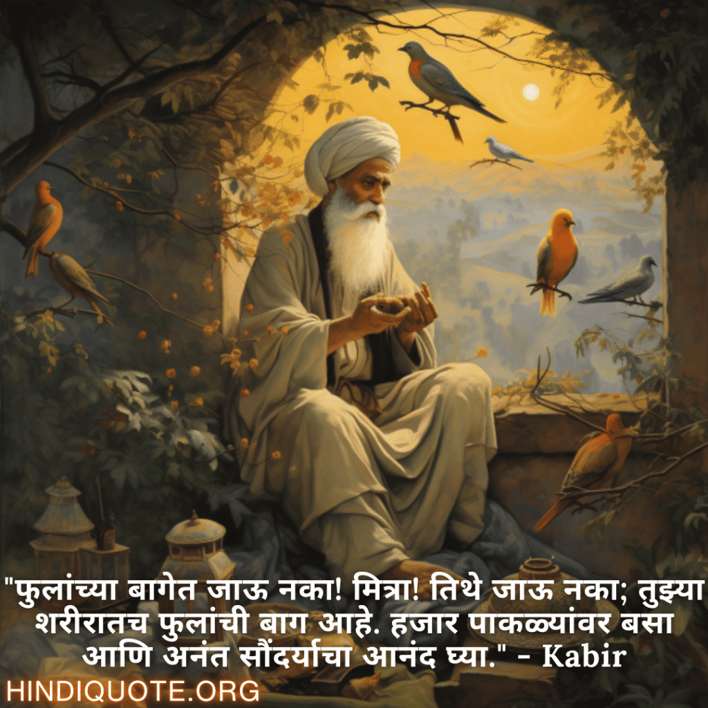 Motivational Quotes in Marathi By Kabir "फुलांच्या बागेत जाऊ नका! मित्रा! तिथे जाऊ नका; तुझ्या शरीरातच फुलांची बाग आहे. हजार पाकळ्यांवर बसा आणि अनंत सौंदर्याचा आनंद घ्या." - Kabir
