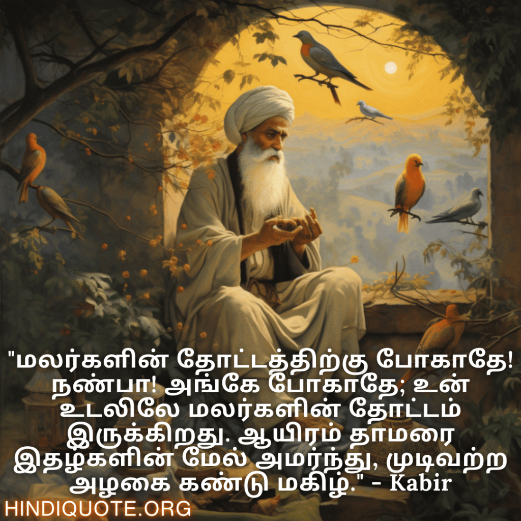 Motivational Quotes In Tamil By Kabir "மலர்களின் தோட்டத்திற்கு போகாதே! நண்பா! அங்கே போகாதே; உன் உடலிலே மலர்களின் தோட்டம் இருக்கிறது. ஆயிரம் தாமரை இதழ்களின் மேல் அமர்ந்து, முடிவற்ற அழகை கண்டு மகிழ்." - Kabir