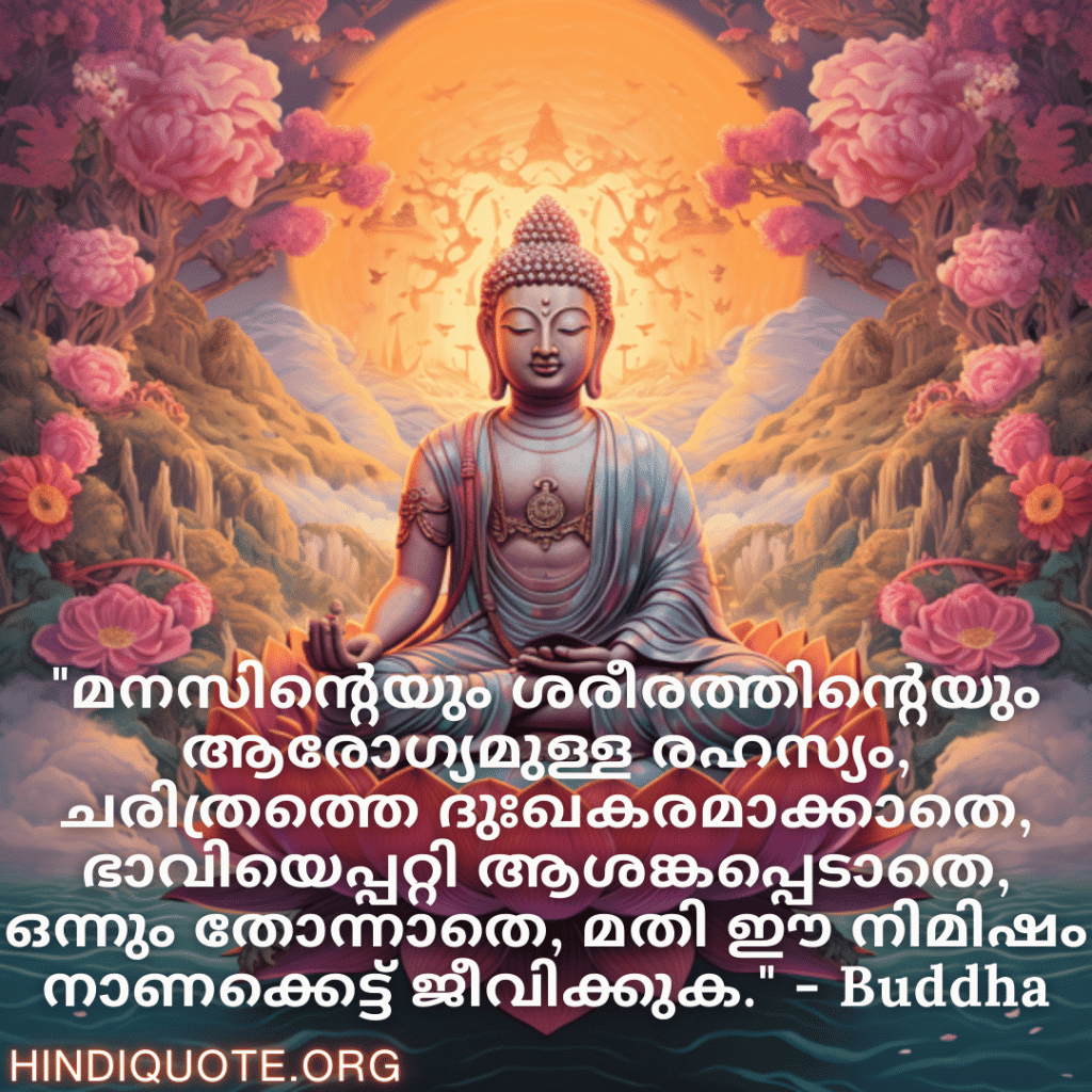 "മനസിന്റെയും ശരീരത്തിന്റെയും ആരോഗ്യമുള്ള രഹസ്യം, ചരിത്രത്തെ ദുഃഖകരമാക്കാതെ, ഭാവിയെപ്പറ്റി ആശങ്കപ്പെടാതെ, ഒന്നും തോന്നാതെ, മതി ഈ നിമിഷം നാണക്കെട്ട് ജീവിക്കുക." - Buddha