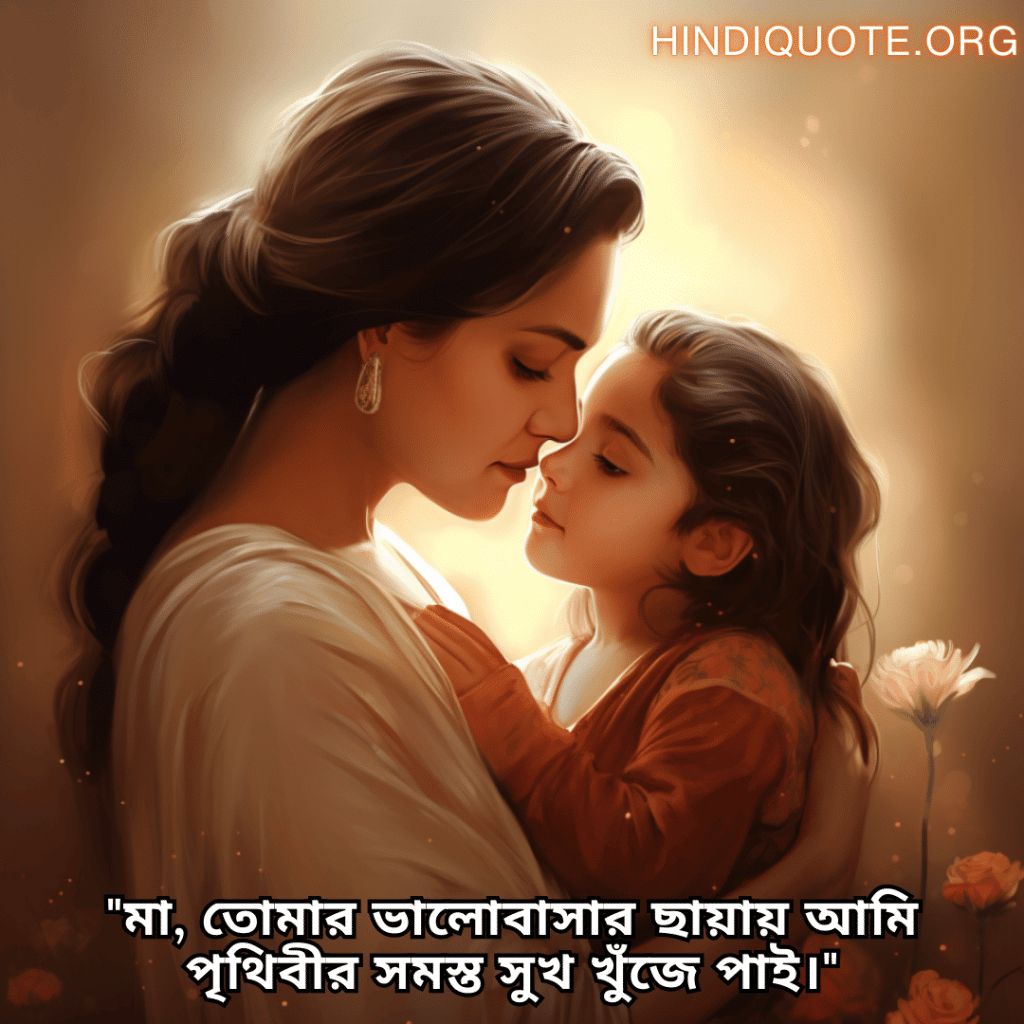 Love Quotes in Bengali For Your Mother "মা, তোমার ভালোবাসার ছায়ায় আমি পৃথিবীর সমস্ত সুখ খুঁজে পাই।"