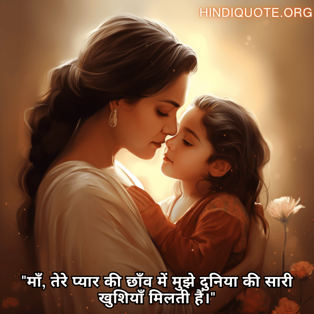 Love Quotes in Hindi For Your Mother "माँ, तेरे प्यार की छाँव में मुझे दुनिया की सारी खुशियाँ मिलती हैं।"