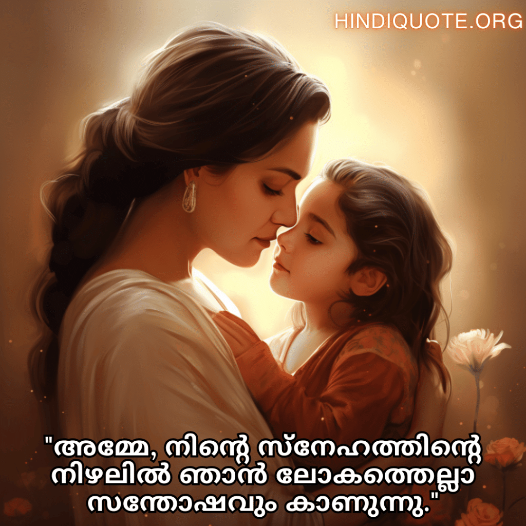 Love Quotes in Malayalam For Your Mother "അമ്മേ, നിന്റെ സ്‌നേഹത്തിന്റെ നിഴലിൽ ഞാൻ ലോകത്തെല്ലാ സന്തോഷവും കാണുന്നു."