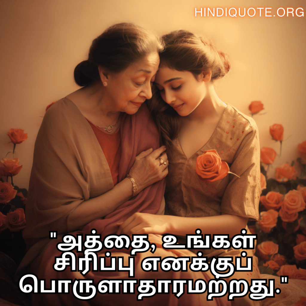 Love Quotes In Tamil For Your Aunt "அத்தை, உங்கள் சிரிப்பு எனக்குப் பொருளாதாரமற்றது."