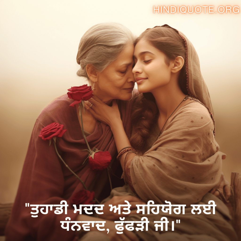 Love Quotes In Punjabi For Your Aunt "ਤੁਹਾਡੀ ਮਦਦ ਅਤੇ ਸਹਿਯੋਗ ਲਈ ਧੰਨਵਾਦ, ਫੁੱਫੜੀ ਜੀ।"