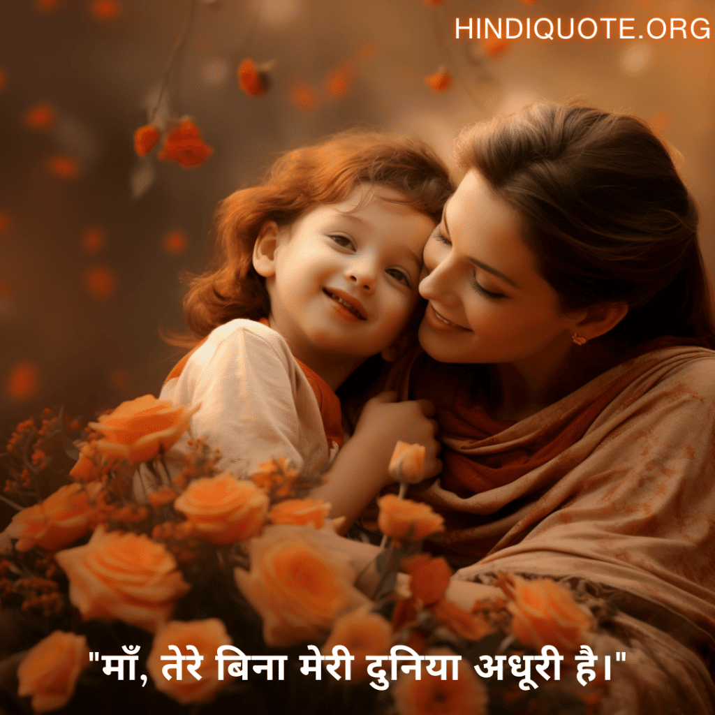 Love Quotes in Hindi For Your Mother "माँ, तेरे बिना मेरी दुनिया अधूरी है।"