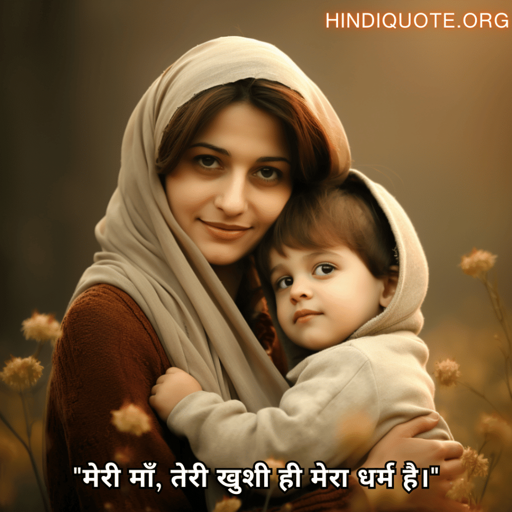 Love Quotes in Hindi For Your Mother "मेरी माँ, तेरी खुशी ही मेरा धर्म है।"