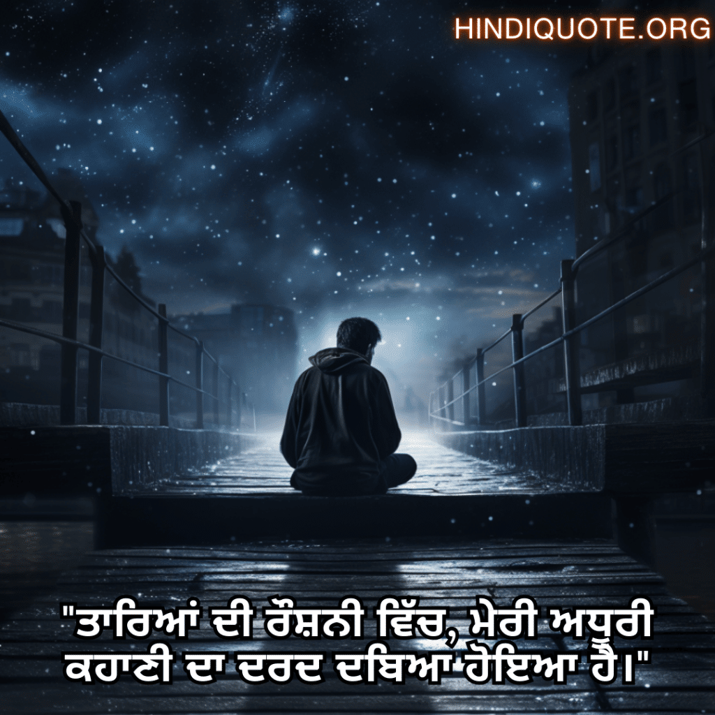 Alone Status In Punjabi For Night-Time "ਤਾਰਿਆਂ ਦੀ ਰੌਸ਼ਨੀ ਵਿੱਚ, ਮੇਰੀ ਅਧੂਰੀ ਕਹਾਣੀ ਦਾ ਦਰਦ ਦਬਿਆ ਹੋਇਆ ਹੈ।"