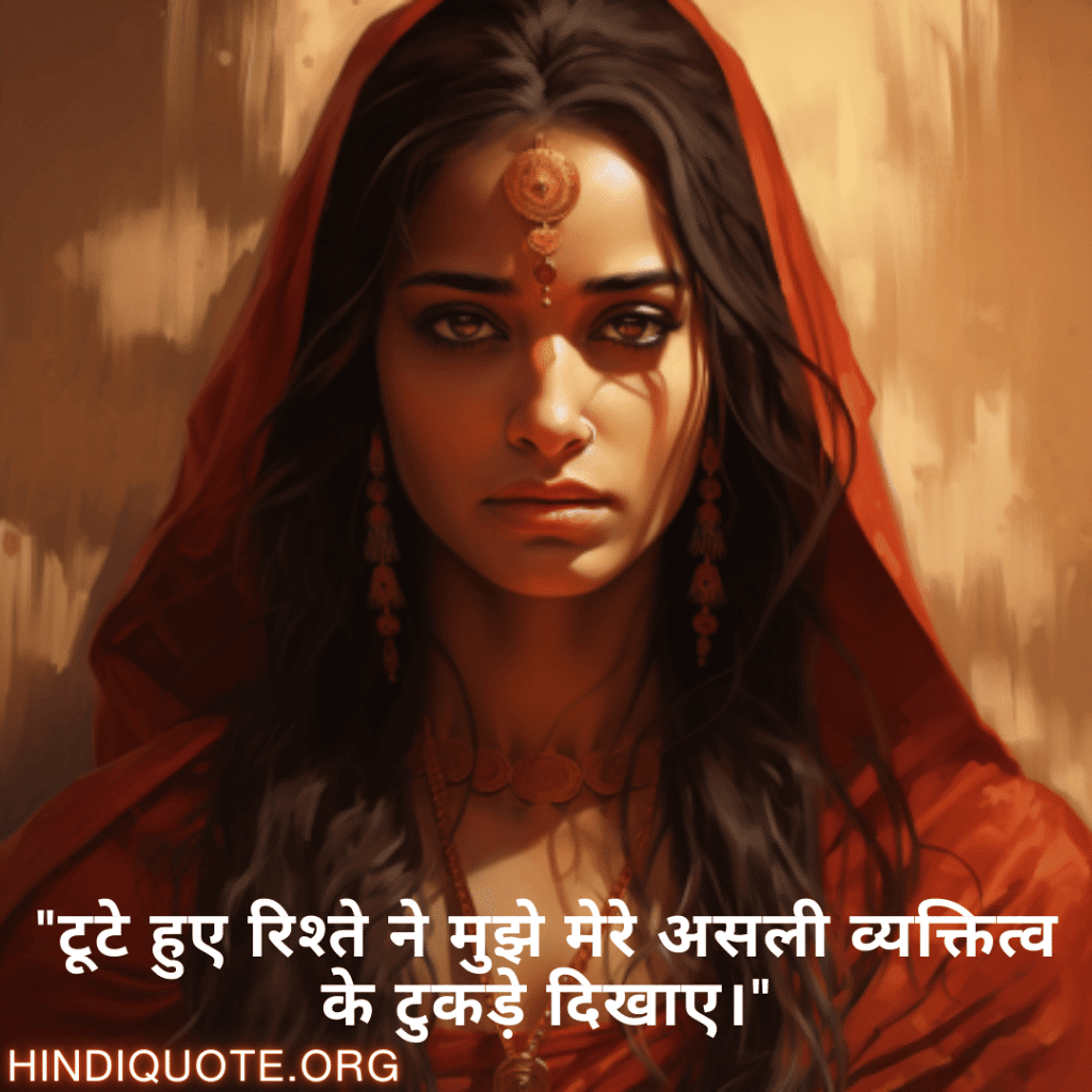 Breakup Shayari In Hindi On Self-Discovery "टूटे हुए रिश्ते ने मुझे मेरे असली व्यक्तित्व के टुकड़े दिखाए।"