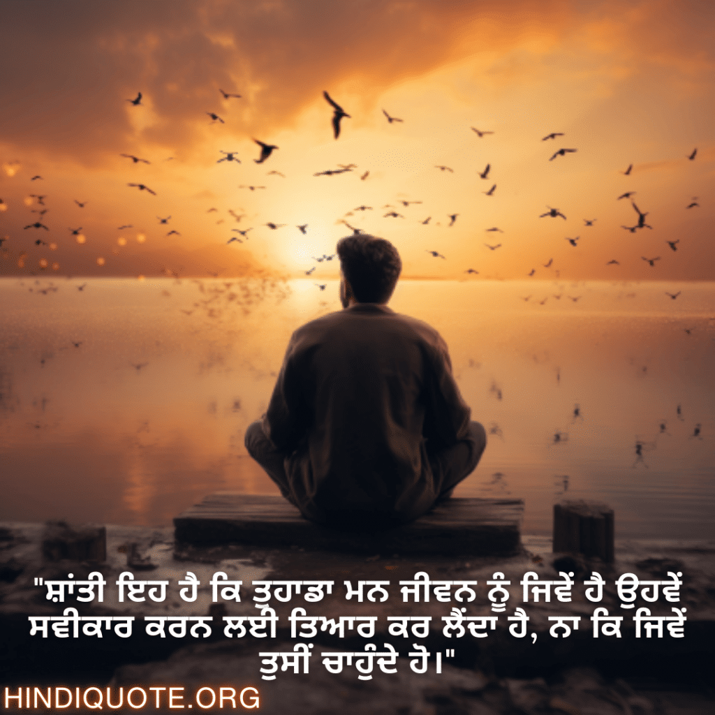 Calm Attitude Shayari In Punjabi "ਸ਼ਾਂਤੀ ਇਹ ਹੈ ਕਿ ਤੁਹਾਡਾ ਮਨ ਜੀਵਨ ਨੂੰ ਜਿਵੇਂ ਹੈ ਉਹਵੇਂ ਸਵੀਕਾਰ ਕਰਨ ਲਈ ਤਿਆਰ ਕਰ ਲੈਂਦਾ ਹੈ, ਨਾ ਕਿ ਜਿਵੇਂ ਤੁਸੀਂ ਚਾਹੁੰਦੇ ਹੋ।"
