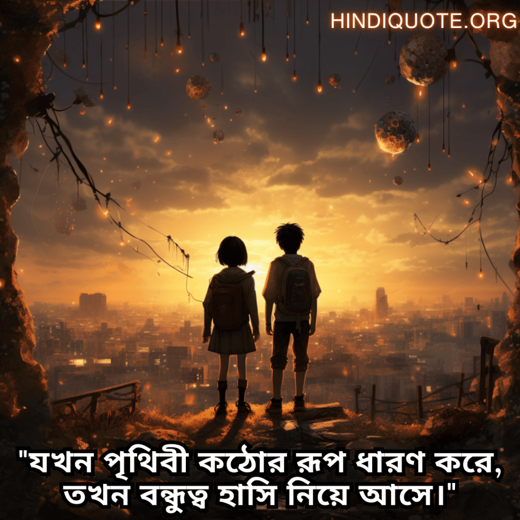 Friendship Quotes In Bengali For Comforting Each Other In Hard Times "যখন পৃথিবী কঠোর রূপ ধারণ করে, তখন বন্ধুত্ব হাসি নিয়ে আসে।"