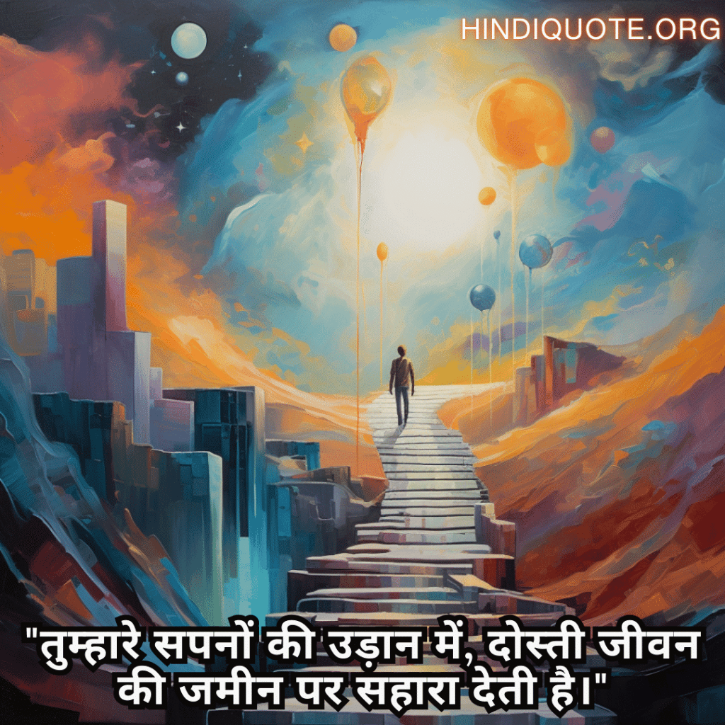 Friendship Quotes In Hindi For Supporting Dreams And Aspirations "तुम्हारे सपनों की उड़ान में, दोस्ती जीवन की जमीन पर सहारा देती है।"
