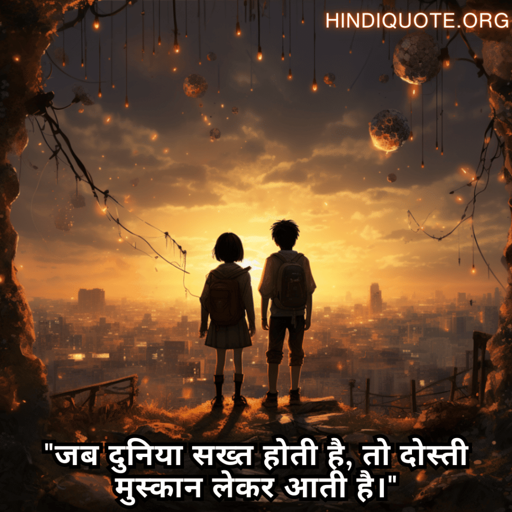 Friendship Quotes In Hindi For Comforting Each Other In Hard Times "जब दुनिया सख्त होती है, तो दोस्ती मुस्कान लेकर आती है।"