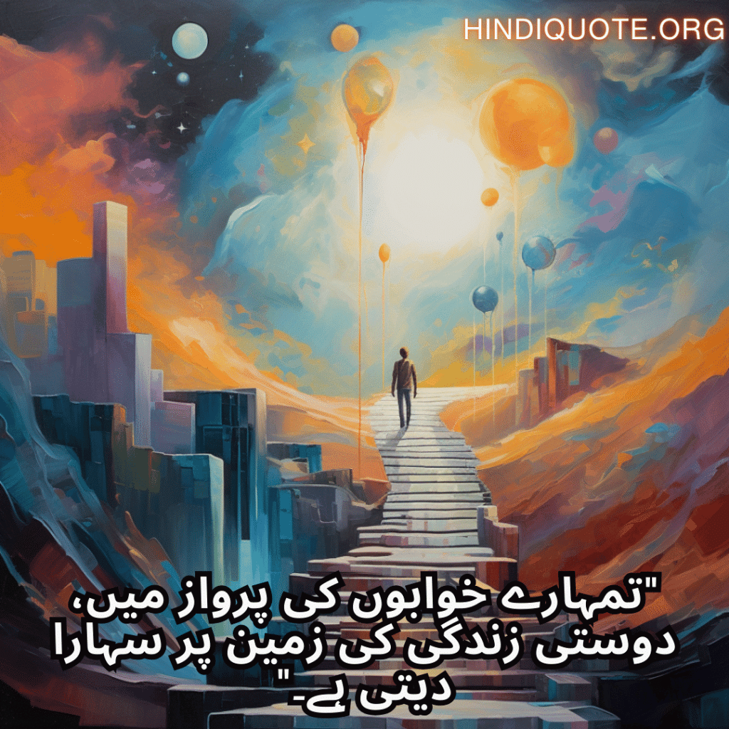 Friendship Quotes In Urdu For Supporting Dreams And Aspirations "تمہارے خوابوں کی پرواز میں، دوستی زندگی کی زمین پر سہارا دیتی ہے۔"