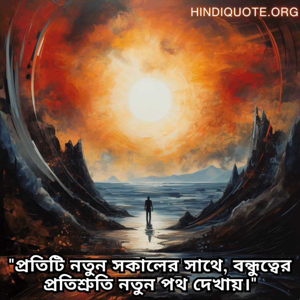 Friendship Quotes In Bengali For Celebrating New Beginnings "প্রতিটি নতুন সকালের সাথে, বন্ধুত্বের প্রতিশ্রুতি নতুন পথ দেখায়।"