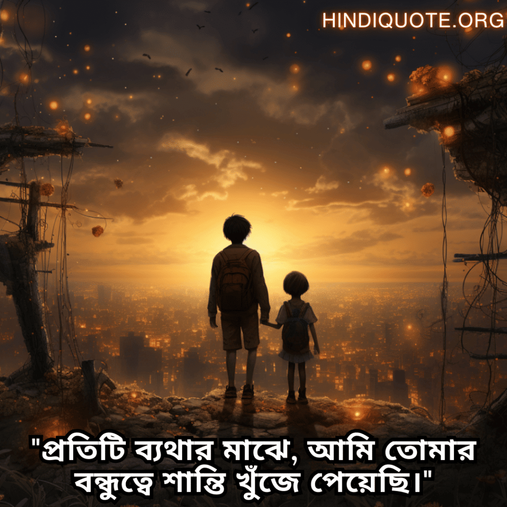 Friendship Quotes In Bengali For Comforting Each Other In Hard Times "প্রতিটি ব্যথার মাঝে, আমি তোমার বন্ধুত্বে শান্তি খুঁজে পেয়েছি।"