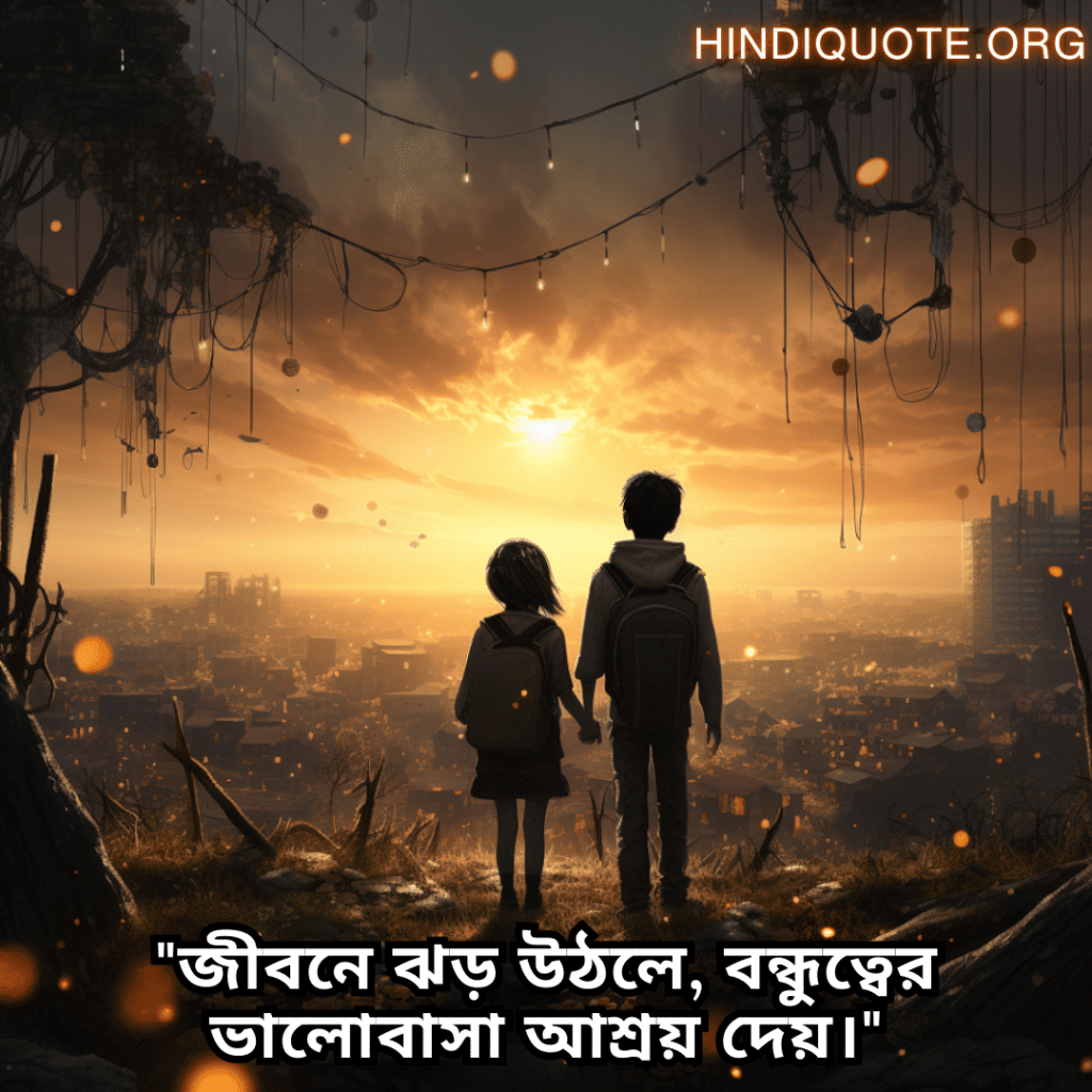 Friendship Quotes In Bengali For Comforting Each Other In Hard Times "জীবনে ঝড় উঠলে, বন্ধুত্বের ভালোবাসা আশ্রয় দেয়।"