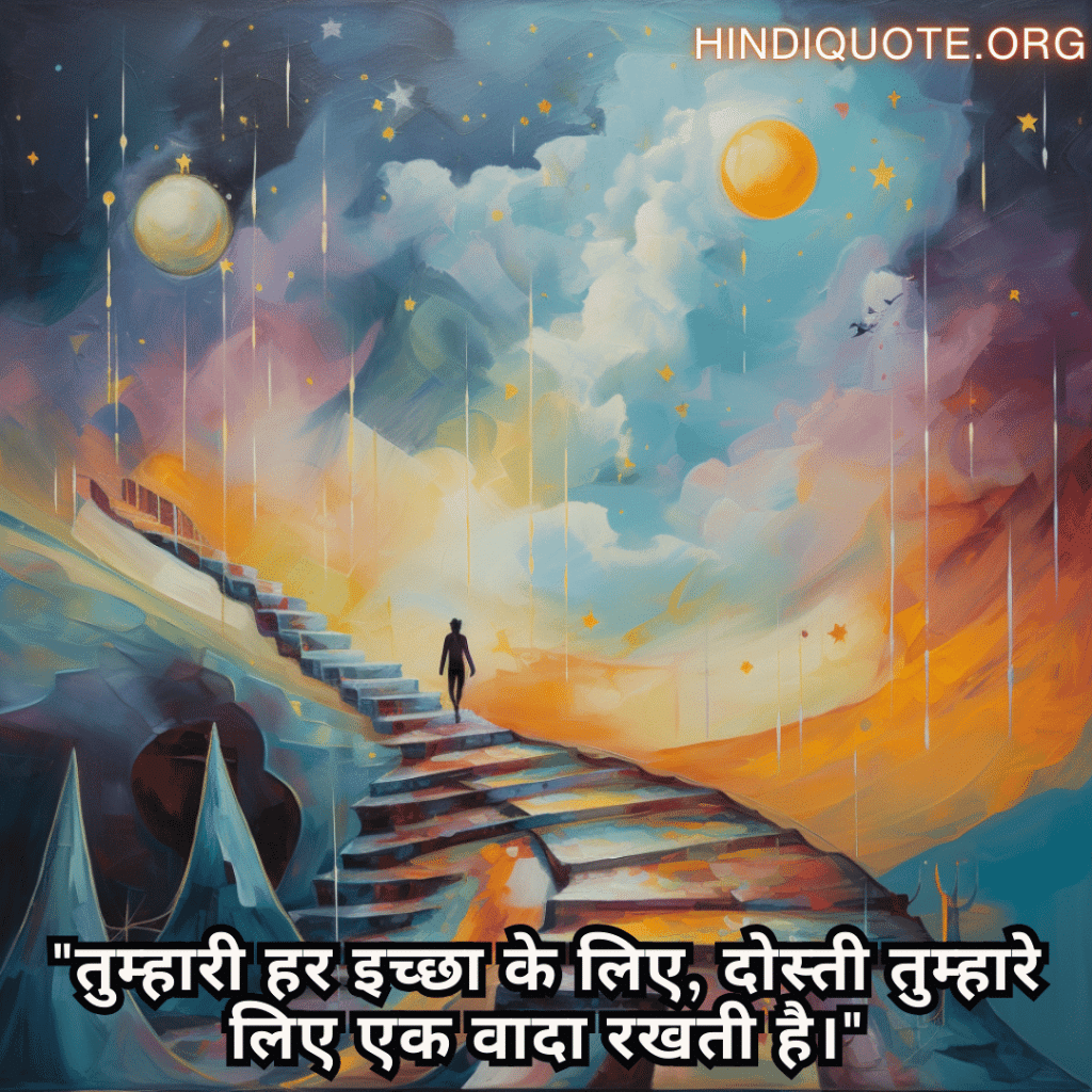 Friendship Quotes In Hindi For Supporting Dreams And Aspirations "तुम्हारी हर इच्छा के लिए, दोस्ती तुम्हारे लिए एक वादा रखती है।"