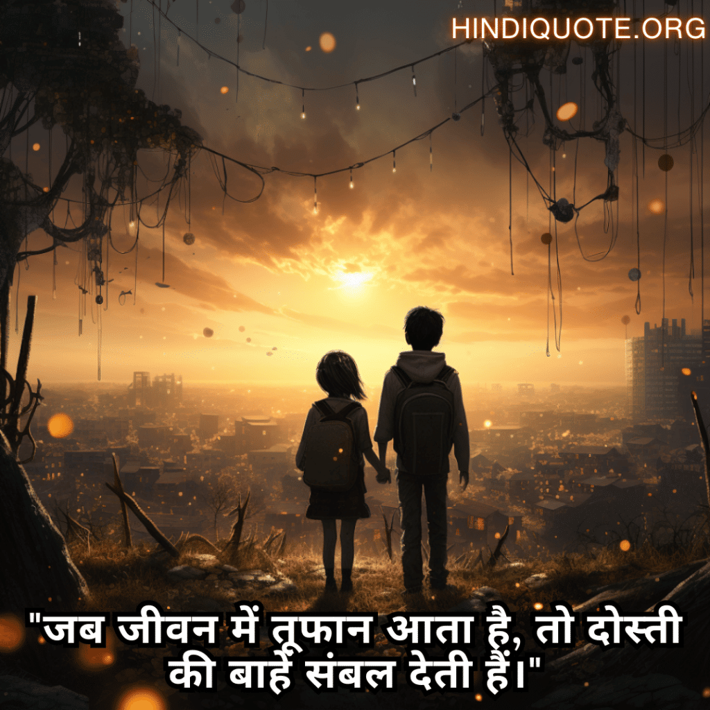 Friendship Quotes In Hindi For Comforting Each Other In Hard Times "जब जीवन में तूफान आता है, तो दोस्ती की बाहें संबल देती हैं।"
