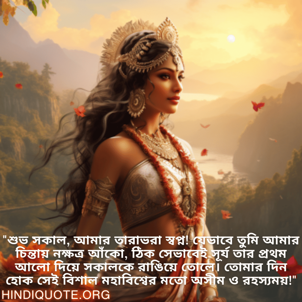 Good morning Wishes In Bengali For Your Crush "শুভ সকাল, আমার তারাভরা স্বপ্ন! যেভাবে তুমি আমার চিন্তায় নক্ষত্র আঁকো, ঠিক সেভাবেই সূর্য তার প্রথম আলো দিয়ে সকালকে রাঙিয়ে তোলে। তোমার দিন হোক সেই বিশাল মহাবিশ্বের মতো অসীম ও রহস্যময়!"