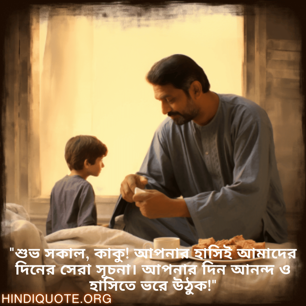 Good morning Wishes In Bengali For Your Uncle "শুভ সকাল, কাকু! আপনার হাসিই আমাদের দিনের সেরা সূচনা। আপনার দিন আনন্দ ও হাসিতে ভরে উঠুক!"