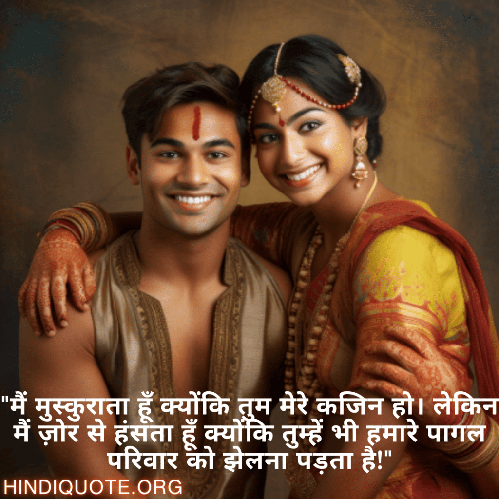 Funny Quotes In Hindi For Your Cousins "मैं मुस्कुराता हूँ क्योंकि तुम मेरे कजिन हो। लेकिन मैं ज़ोर से हंसता हूँ क्योंकि तुम्हें भी हमारे पागल परिवार को झेलना पड़ता है!"
