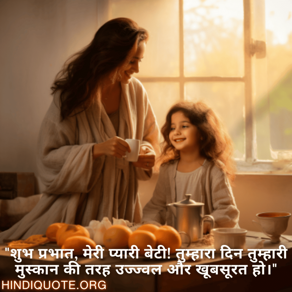 Good morning Wishes In Hindi For Your Daughter "शुभ प्रभात, मेरी प्यारी बेटी! तुम्हारा दिन तुम्हारी मुस्कान की तरह उज्ज्वल और खूबसूरत हो।"