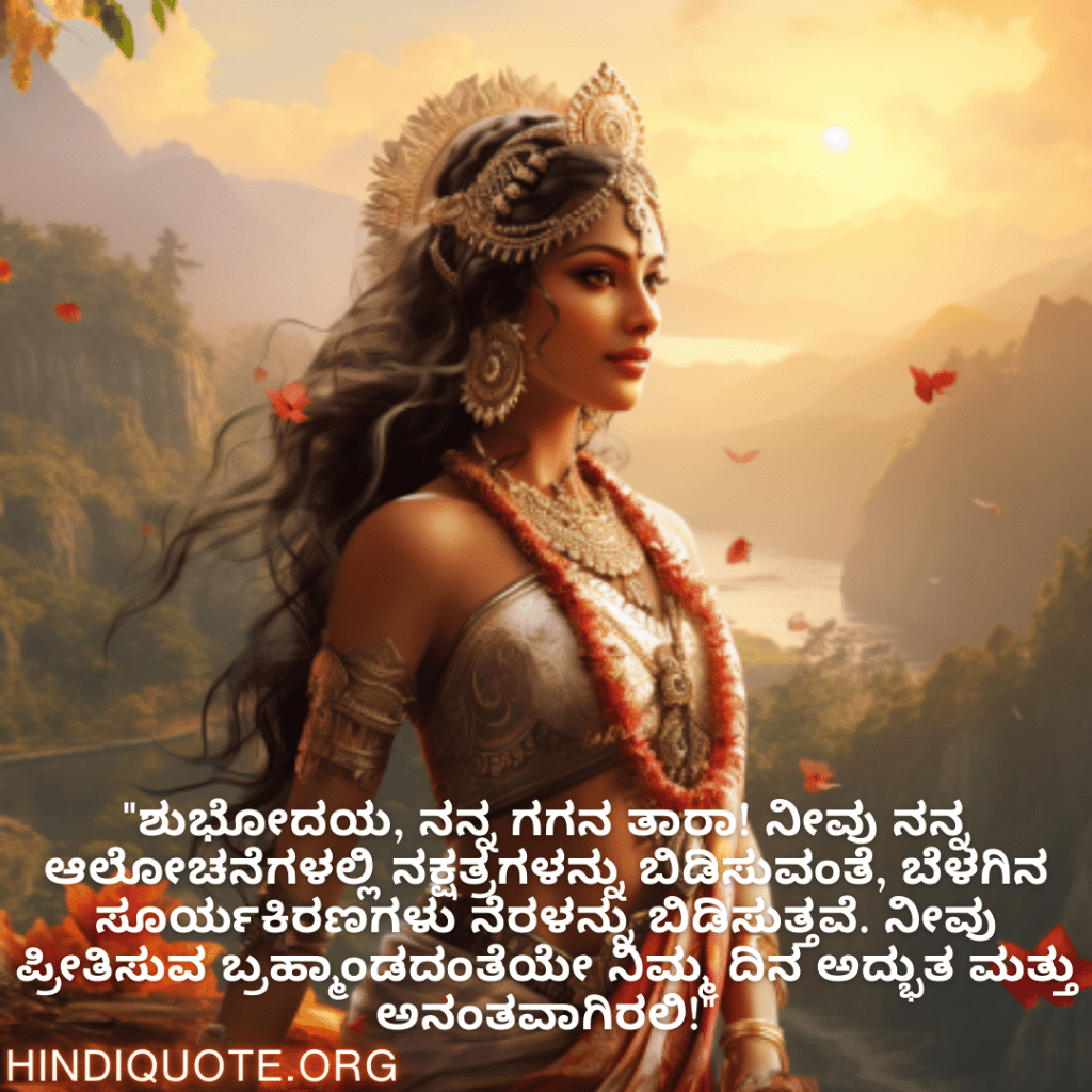 Good morning Wishes In Kannada For Your Crush "ಶುಭೋದಯ, ನನ್ನ ಗಗನ ತಾರಾ! ನೀವು ನನ್ನ ಆಲೋಚನೆಗಳಲ್ಲಿ ನಕ್ಷತ್ರಗಳನ್ನು ಬಿಡಿಸುವಂತೆ, ಬೆಳಗಿನ ಸೂರ್ಯಕಿರಣಗಳು ನೆರಳನ್ನು ಬಿಡಿಸುತ್ತವೆ. ನೀವು ಪ್ರೀತಿಸುವ ಬ್ರಹ್ಮಾಂಡದಂತೆಯೇ ನಿಮ್ಮ ದಿನ ಅದ್ಭುತ ಮತ್ತು ಅನಂತವಾಗಿರಲಿ!"