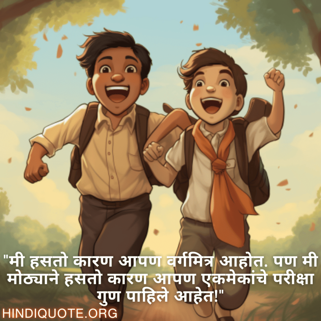 Funny Quotes In Marathi For Your Classmate "मी हसतो कारण आपण वर्गमित्र आहोत. पण मी मोठ्याने हसतो कारण आपण एकमेकांचे परीक्षा गुण पाहिले आहेत!"