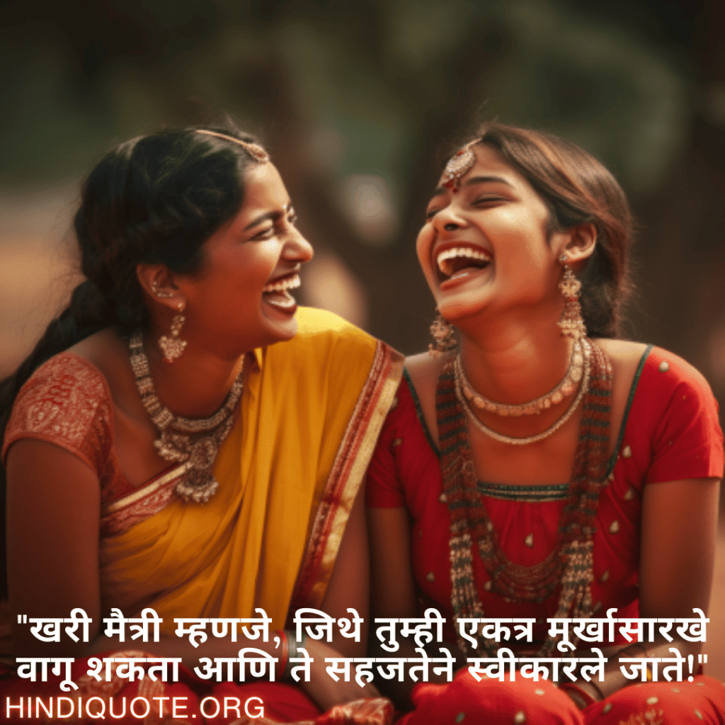 Funny Quotes In Marathi For Friends "खरी मैत्री म्हणजे, जिथे तुम्ही एकत्र मूर्खासारखे वागू शकता आणि ते सहजतेने स्वीकारले जाते!"