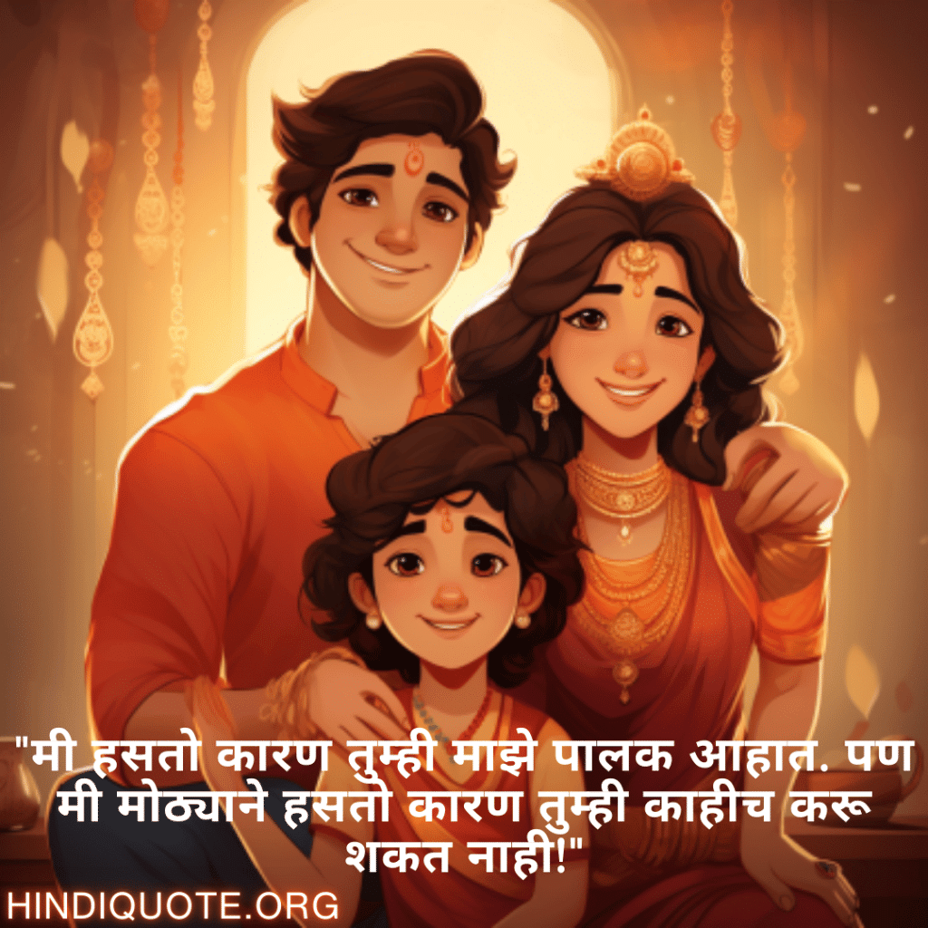 Funny Quotes In Marathi For Your Parents "मी हसतो कारण तुम्ही माझे पालक आहात. पण मी मोठ्याने हसतो कारण तुम्ही काहीच करू शकत नाही!"