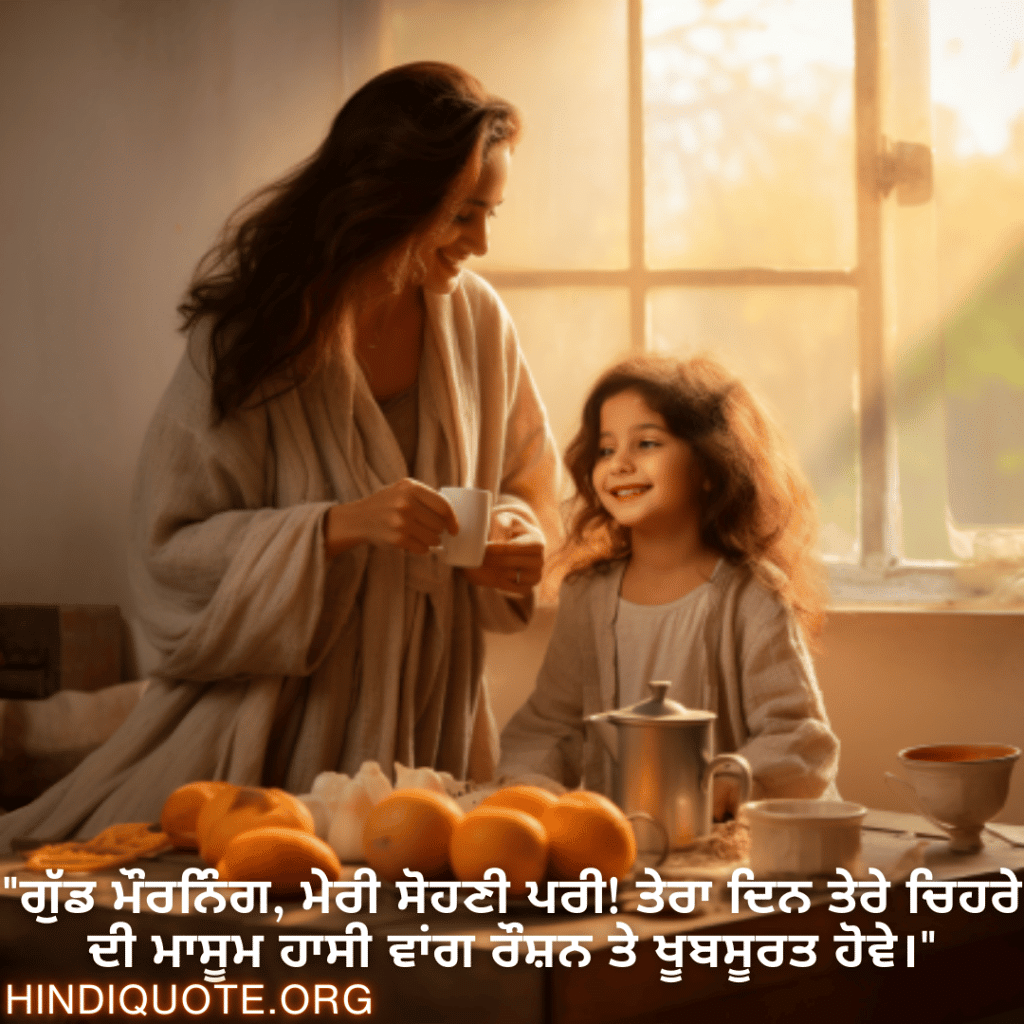 Good morning Wishes In Punjabi For Your Daughter "ਗੁੱਡ ਮੌਰਨਿੰਗ, ਮੇਰੀ ਸੋਹਣੀ ਪਰੀ! ਤੇਰਾ ਦਿਨ ਤੇਰੇ ਚਿਹਰੇ ਦੀ ਮਾਸੂਮ ਹਾਸੀ ਵਾਂਗ ਰੌਸ਼ਨ ਤੇ ਖੂਬਸੂਰਤ ਹੋਵੇ।"