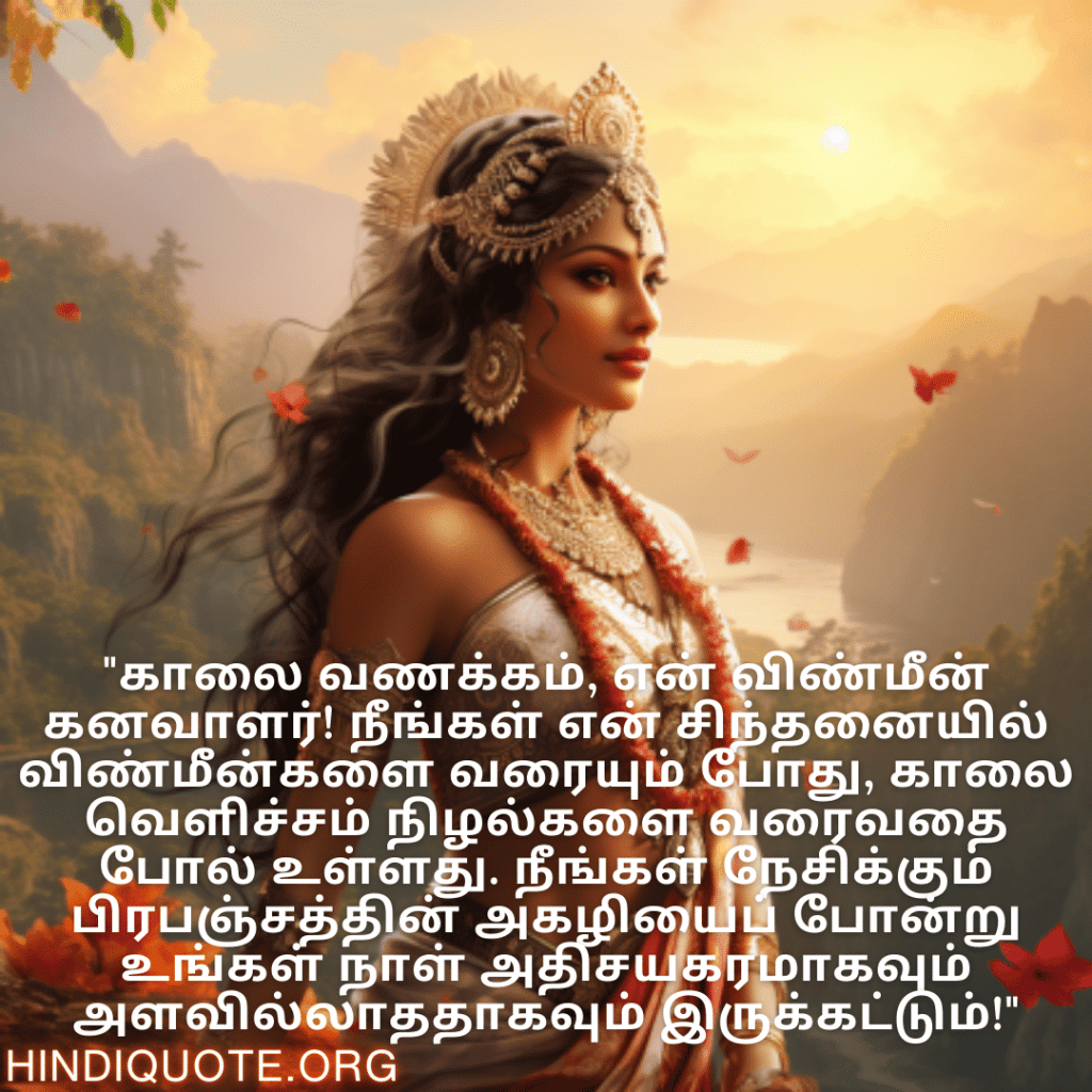 Good morning Wishes In Tamil For Your Crush "காலை வணக்கம், என் விண்மீன் கனவாளர்! நீங்கள் என் சிந்தனையில் விண்மீன்களை வரையும் போது, காலை வெளிச்சம் நிழல்களை வரைவதை போல் உள்ளது. நீங்கள் நேசிக்கும் பிரபஞ்சத்தின் அகழியைப் போன்று உங்கள் நாள் அதிசயகரமாகவும் அளவில்லாததாகவும் இருக்கட்டும்!"
