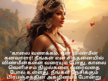 Good morning Wishes In Tamil For Your Crush "காலை வணக்கம், என் விண்மீன் கனவாளர்! நீங்கள் என் சிந்தனையில் விண்மீன்களை வரையும் போது, காலை வெளிச்சம் நிழல்களை வரைவதை போல் உள்ளது. நீங்கள் நேசிக்கும் பிரபஞ்சத்தின் அகழியைப் போன்று உங்கள் நாள் அதிசயகரமாகவும் அளவில்லாததாகவும் இருக்கட்டும்!"