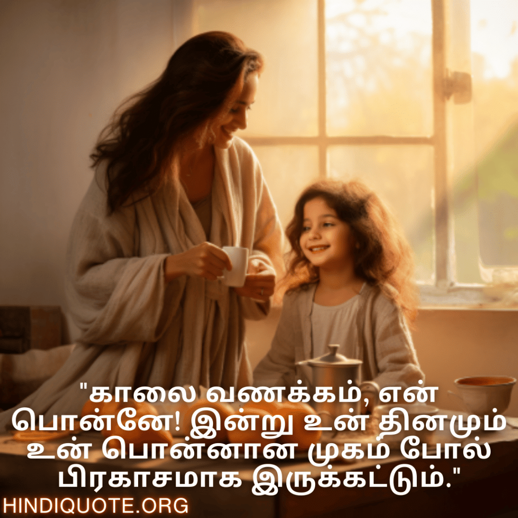Good morning Wishes In Tamil For Your Daughter "காலை வணக்கம், என் பொன்னே! இன்று உன் தினமும் உன் பொன்னான முகம் போல் பிரகாசமாக இருக்கட்டும்."