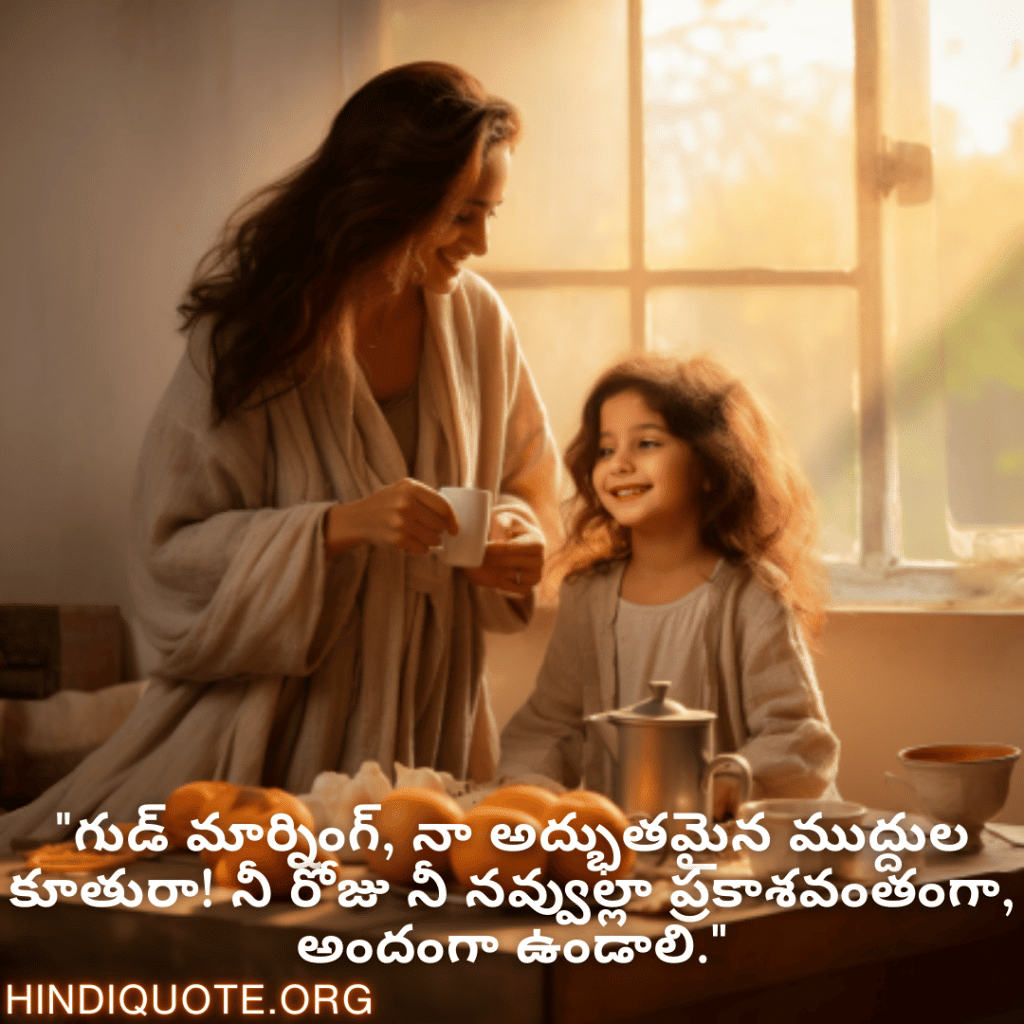Good morning Wishes In Telugu For Your Daughter "గుడ్ మార్నింగ్, నా అద్భుతమైన ముద్దుల కూతురా! నీ రోజు నీ నవ్వుల్లా ప్రకాశవంతంగా, అందంగా ఉండాలి."
