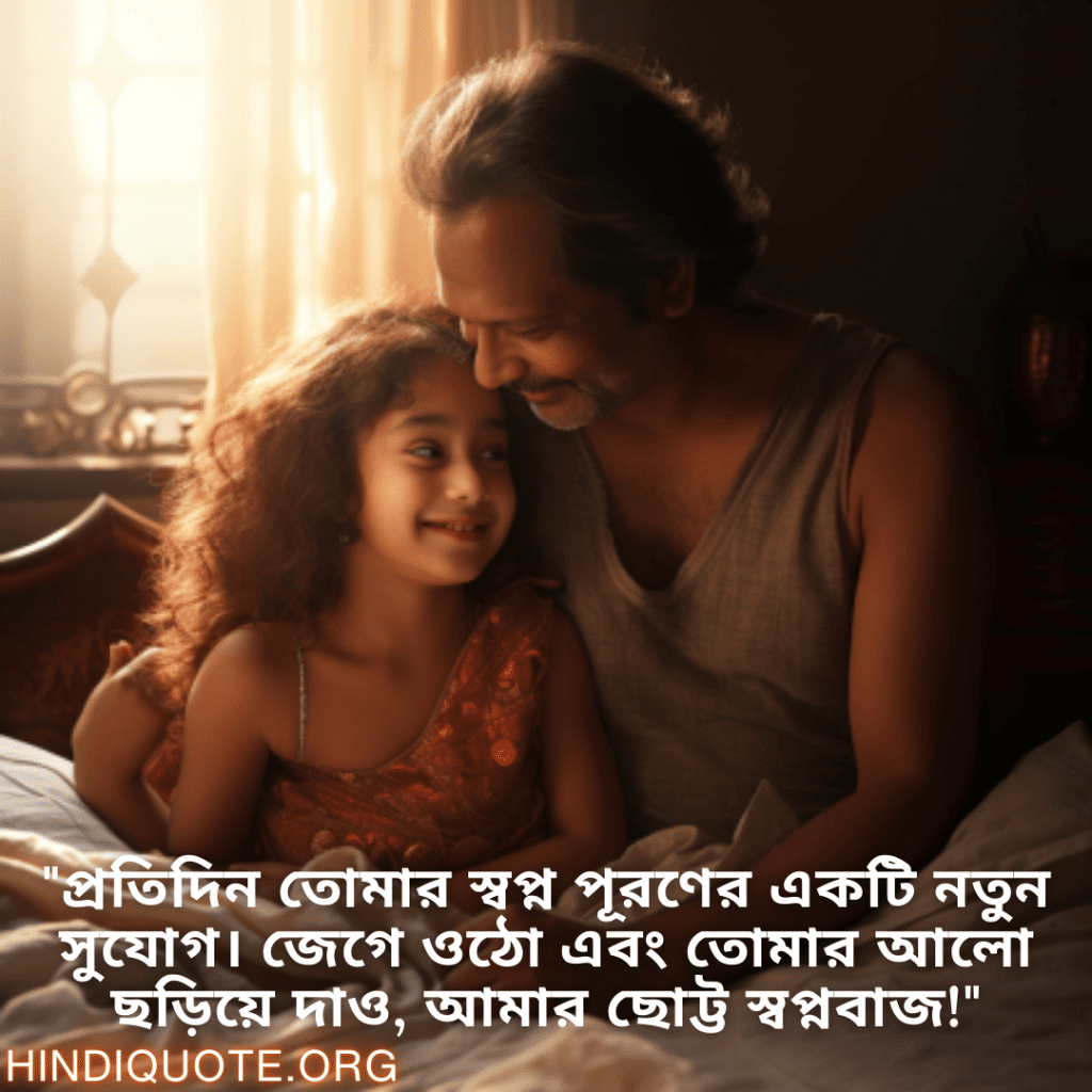 Good morning Wishes In Bengali For Your Daughter "প্রতিদিন তোমার স্বপ্ন পূরণের একটি নতুন সুযোগ। জেগে ওঠো এবং তোমার আলো ছড়িয়ে দাও, আমার ছোট্ট স্বপ্নবাজ!"